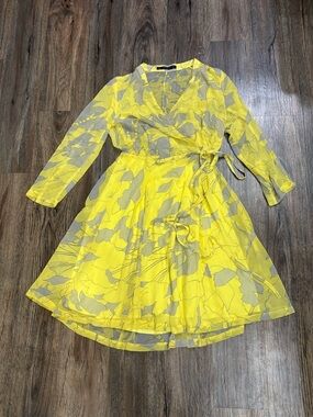 Zara Yellow and Gray Floral Wrap Dress